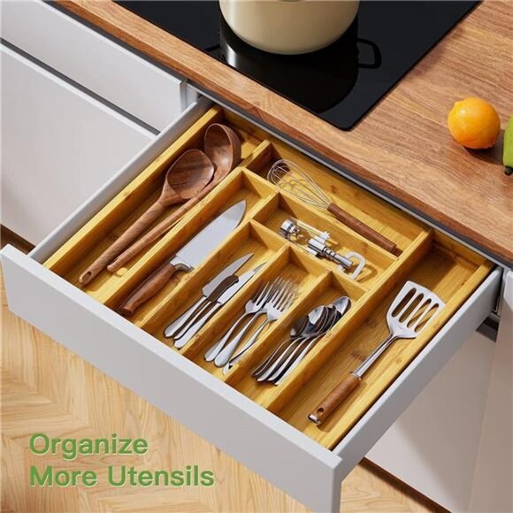 Bamboo Expandable Drawer Organizer for Utensils Holder, Adjustable Cutlery Tray - Picture 3 of 6